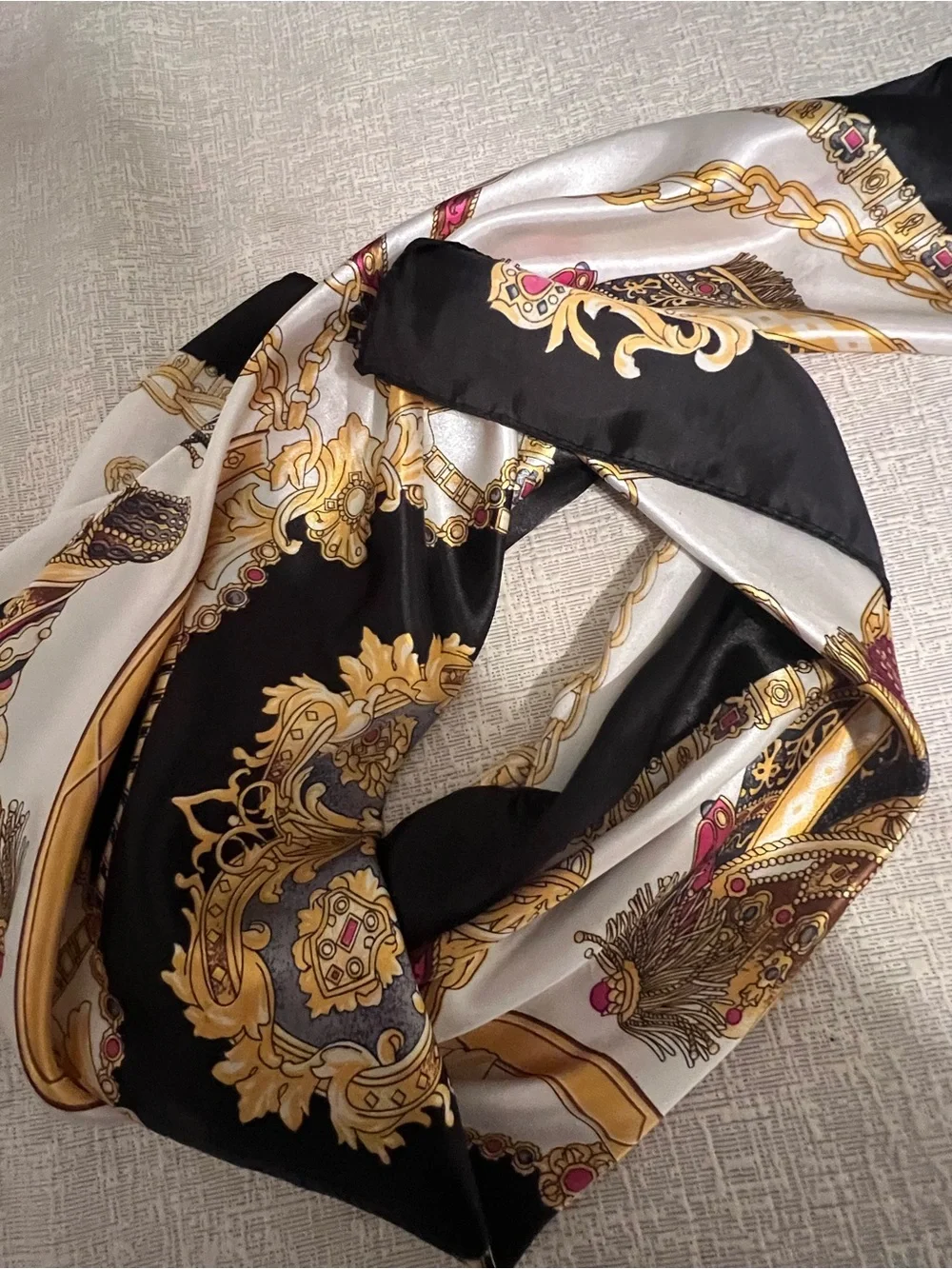 36” Scarf: Silk-Feel Baroque Print Scarf in Black, Gold & Cream